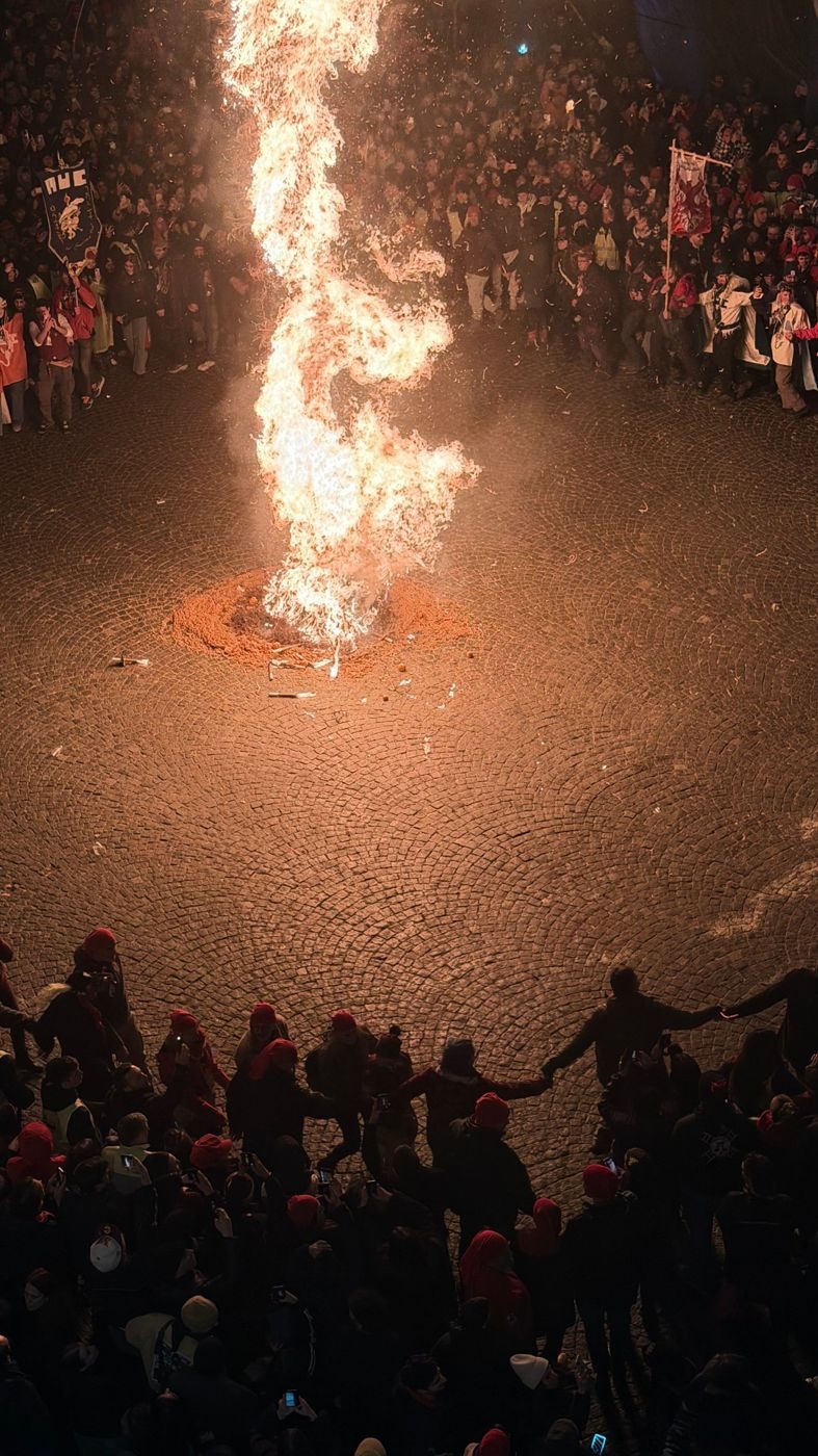 Di notte, vista dall'alto: un falò altissimo in mezzo a una piazza di ciottoli, la folla intorno, in primo piano un cerchio di persone con i berretti rossi che si tengono per mano