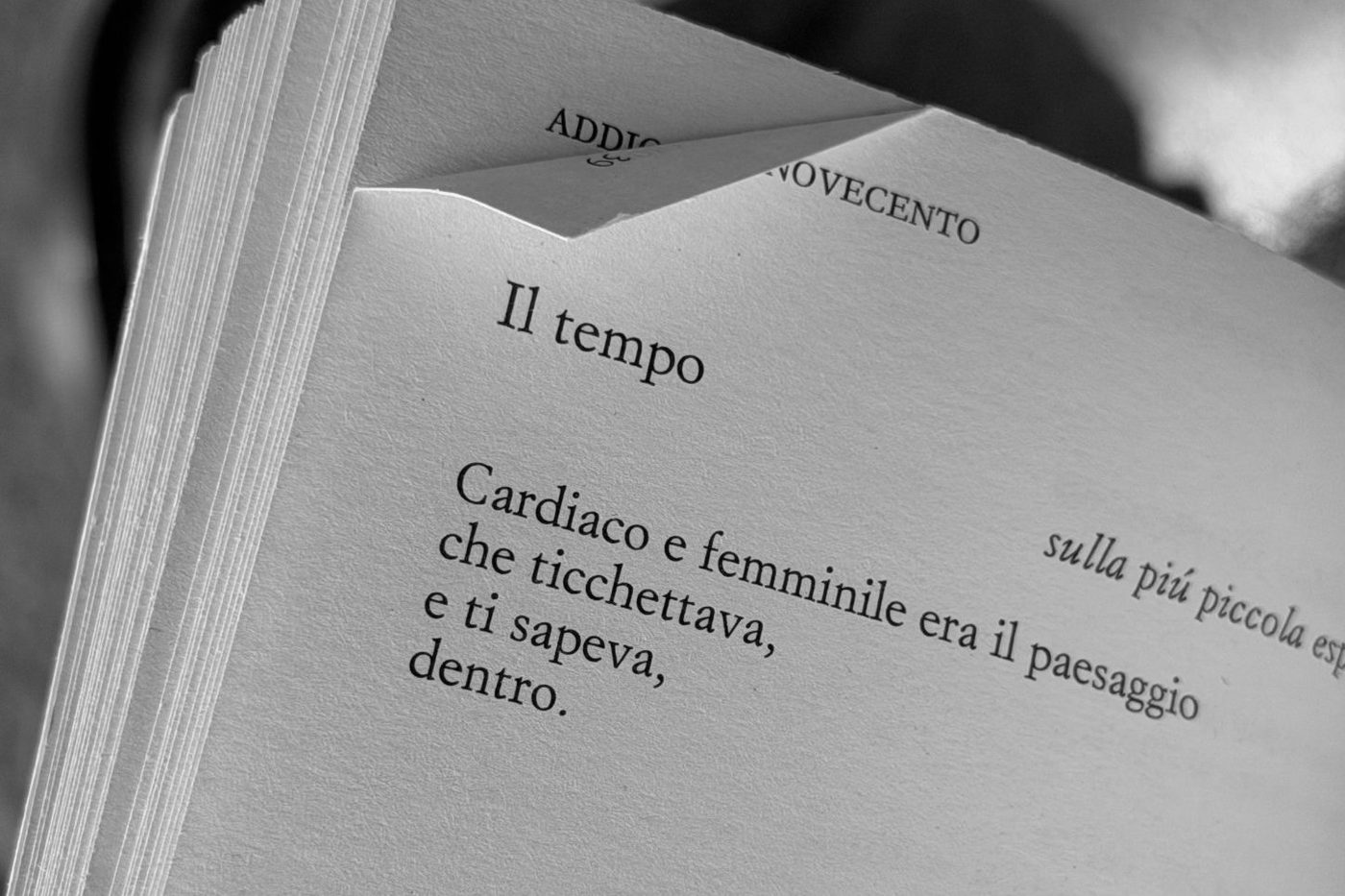 Un libro di poesie aperto alla pagina «Il tempo», con l’angolo piegato a orecchia sopra l’intestazione «Addio mio Novecento»